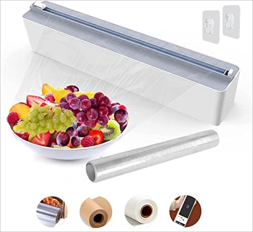 Dispenseri de alimente | Dispenser pentru folie magnetică din plastic cu tăietor – Quasziwa Upgrade, organizator practic refillabil pentru folie alimentară și folie de aluminiu pentru sertar, include un rulou suplimentar de folie alimentară de 12″ x 164′ – Gri Dispenseri de alimente Dispenseri de alimente